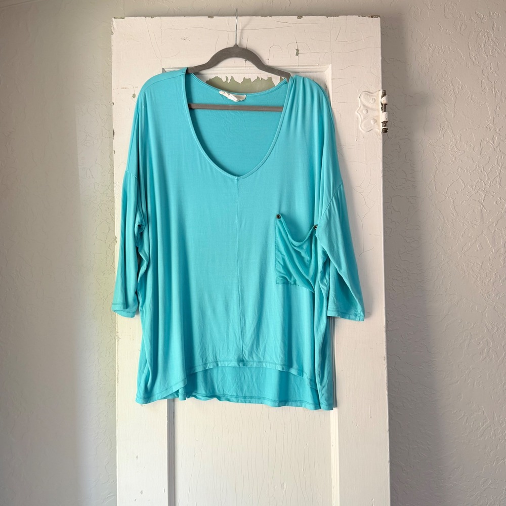 Karisma Turquoise Silk Blend V-Neck Oversized Tunic Top 3/4 Sleeve T1048